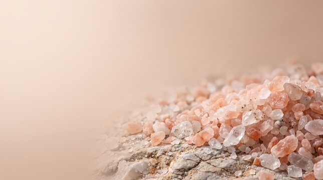 Closeup of pink himalayan salt crystals on a textured rock surface, highlighting the natural mineral variations and crystalline structure in soft, warm lighting