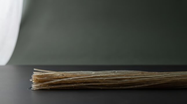 Korean dangmyeon sweet potato glass noodles on a dark background with minimalist lighting, raw ingredient for japchae dish