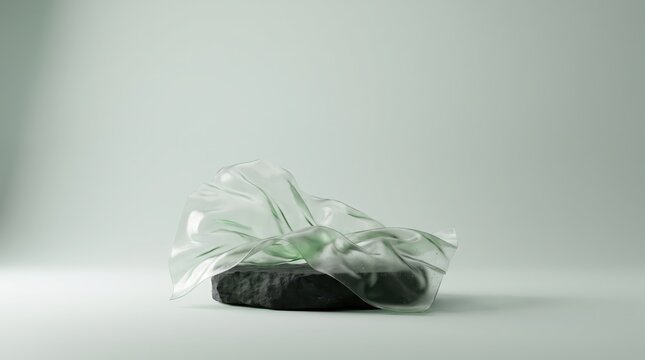 Minimalist product display podium with a black stone base and a translucent green draped fabric element against a soft sage green background for cosmetic branding