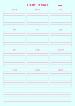 Yearly planner template with twelve months grid on soft blue background