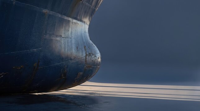 Closeup of a large ships bulbous bow, showing the weathered steel hull and metal plating, resting on a flat surface with long shadows cast in the light