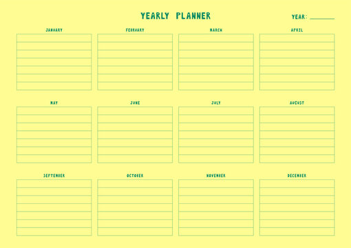 Yearly planner template with twelve months grid on soft yellow background