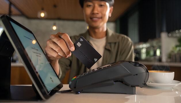 Asian man holding credit card for contactless payment on EDC POS terminal at cafe counter.