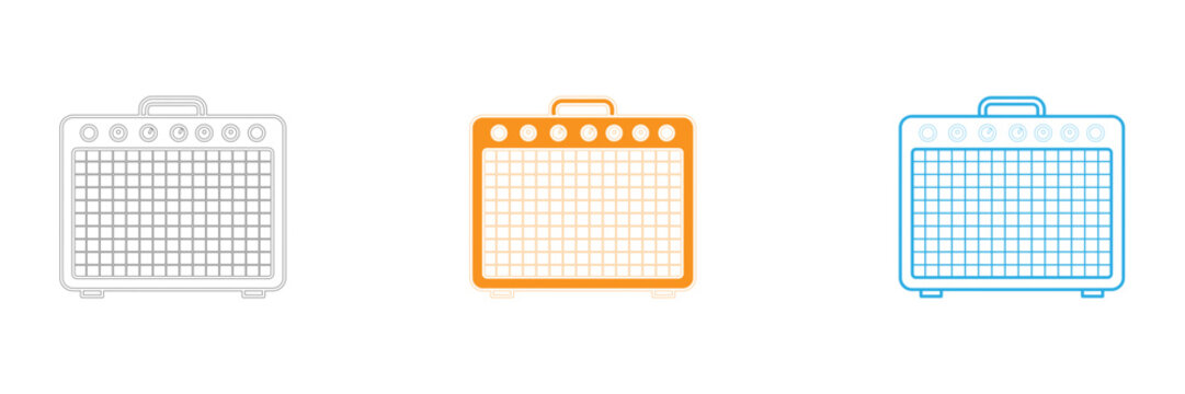 Three line art illustrations of vintage guitar amplifiers in different colors