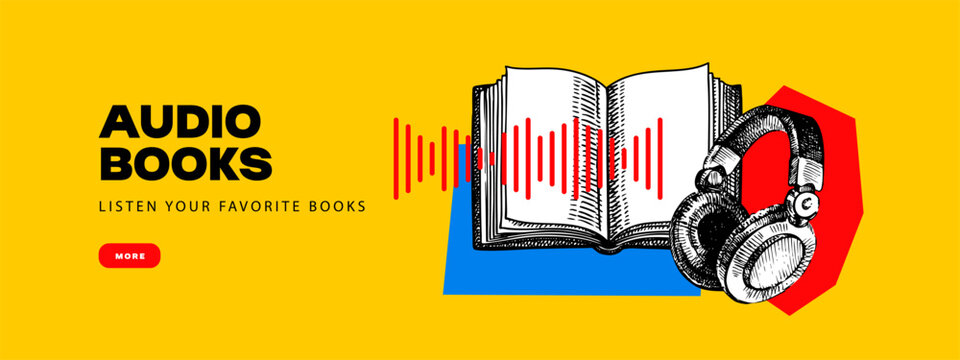 Audiobook collage with sketch open book, headphones, sound waves. Audiobook, publishing, library, education, podcast concept. Vintage hand drawn vector illustration.