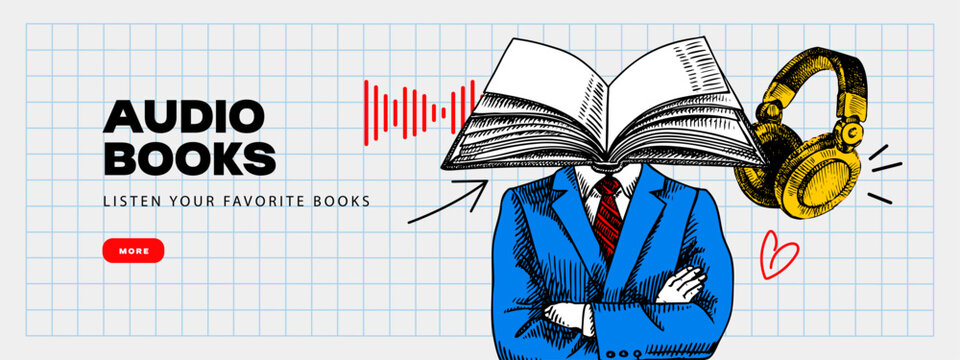 Audiobook collage with sketch open book, headphones, romantic heart symbol, sound waves. Audiobook, publishing, library, education, podcast concept. Vintage hand drawn vector illustration.
