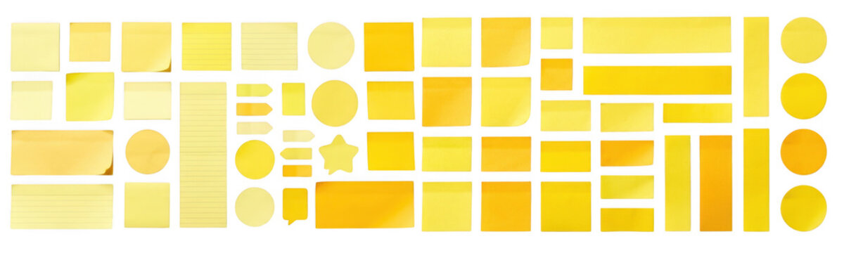 Collection of various yellow sticky notes isolated on white isolated on transparent background
