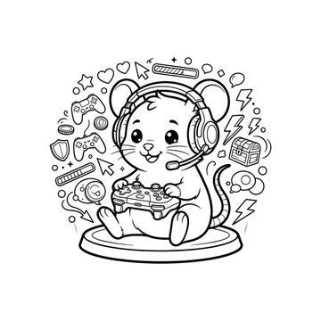 Cute mouse gamer coloring page outline