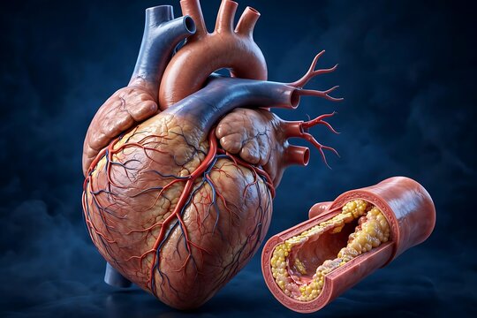 Human heart anatomy with coronary artery disease showing plaque buildup in a crosssection of an artery