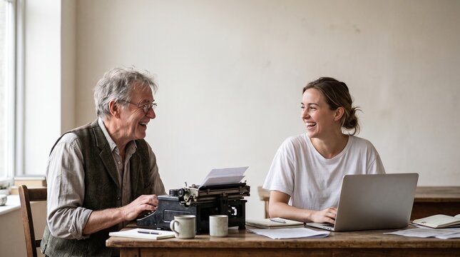 Generations connect as older man uses typewriter and younger woman uses laptop, both laughing