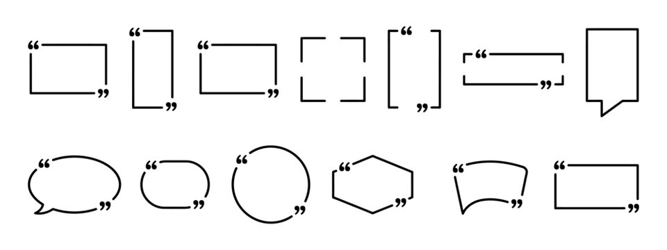 Set of various quote frames, speech bubbles, and text boxes with quotation marks, simple black line vector icons for design elements
