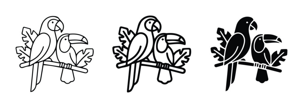 Parrot and toucan illustration set on branch, tropical birds for logo and print