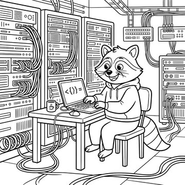 Cute raccoon programmer working on laptop in server room