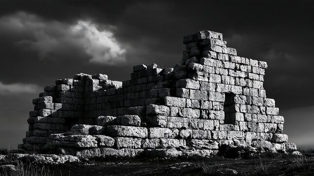 Dramatic black and white landscape of ancient stone ruins under stormy dark sky