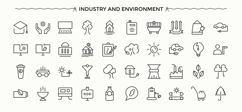 Environment icon set. Ecology icon collection. Thin icons set. Contains outline symbols like forest, green, earth, eco, energy, sustainability and more. Editable stroke.