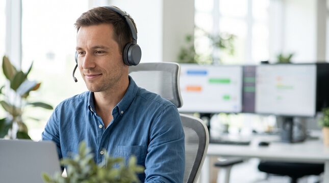 A friendly male customer support agent working on a laptop in a modern office.