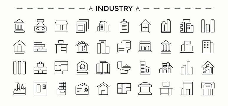 Industry icon. Manufacturing icon. Contain linear symbols construction, engine, manufacture, factory, industrial, engineer, production and more. Vector collections.