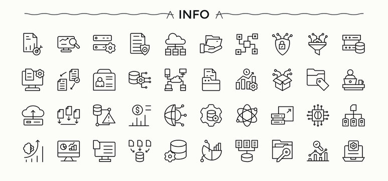 Information icon collection. Data linear icon set. Sign and Symbol. Featuring inform, mark, help, news, data, info, tech and more. Editable stroke.