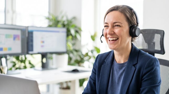Friendly female customer service representative wearing a headset working in a bright modern office.