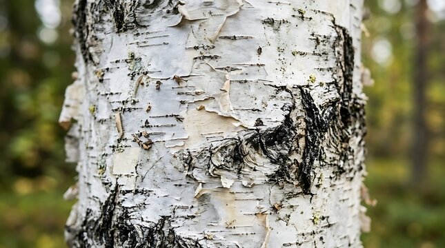 Close up of textured white birch tree bark with black markings in a forest setting.