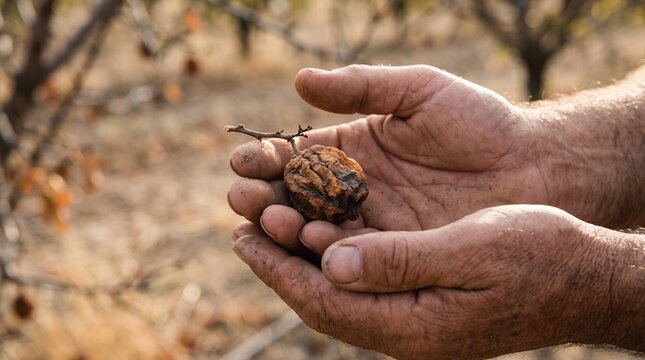 Farmer holds shriveled fruit in weathered hands, symbolizing drought and El Nino impact on agriculture