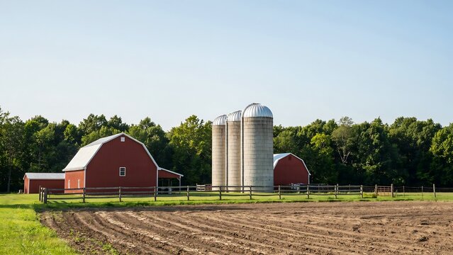 Red barn and tall concrete silos standing in a rural farm field under a clear blue sky