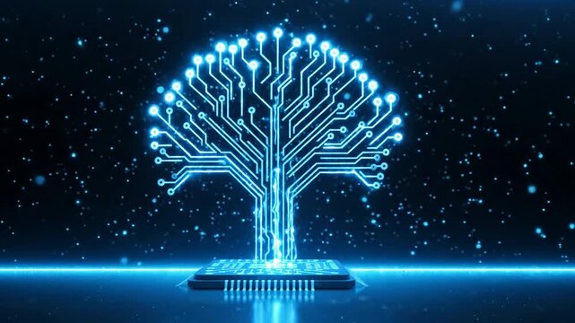 Animated circuit tree growing from microchip in futuristic data space.