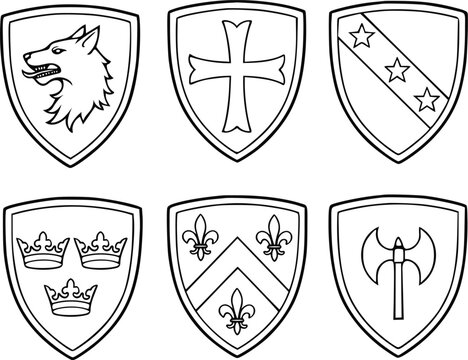 Heraldic Shield Icon Set Black Line Art Medieval Coat Of Arms Vector.
