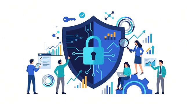 Cybersecurity shield with analytics charts and team collaboration on digital background