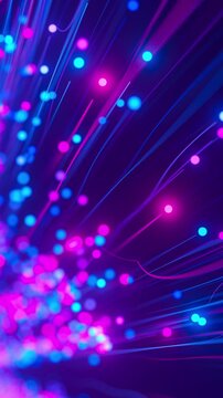 Extreme closeup of big data neon line flow. Abstract digital data stream of quantum computing. Cyberspace of qubit trail waves. Modern technology information transmission. Vertical Video.
