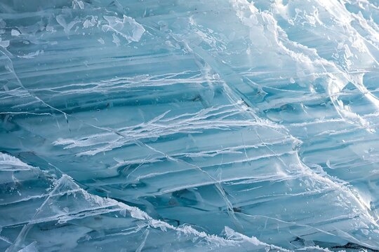 Closeup of blue glacial ice texture with intricate cracks and frozen layers