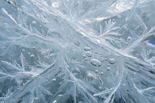 Abstract closeup of intricate ice crystal formations and trapped air bubbles inside frozen lake water