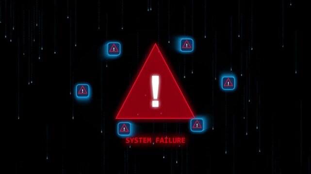 System failure alert animation with glowing warning triangle and digital data rain background