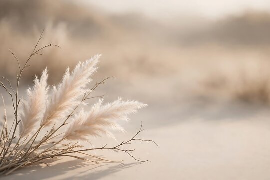 Beautiful pampas grass plumes on a soft, blurred, neutraltoned sandy background in natural light