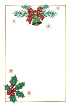 Christmas Bell and Holly Invitation with Gold Border. Elegant vertical card with a red ribbon bow, fir branches, berries and stars. Festive white background with copy space for holiday greetings.