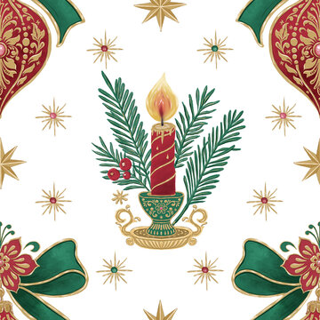Christmas Candle and Red Bauble Seamless Pattern on White. Festive illustration with an ornate gold holder, green bows and stars. Vintage decorative background for holiday textiles and wrapping paper.