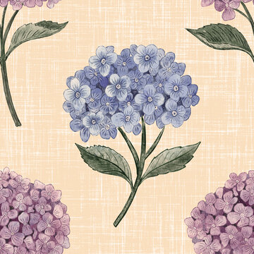 Blue and Purple Hydrangea Pattern on Textured Peach. Seamless botanical illustration with lush flower clusters and green leaves on a linen effect ground. Vintage background for wallpaper and textiles.