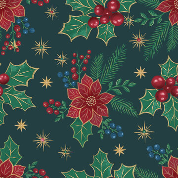 Christmas Poinsettia and Holly Pattern on Dark Teal. Seamless festive botanical illustration with berries, fir branches and gold stars. Traditional background for holiday textiles and gift wrap.
