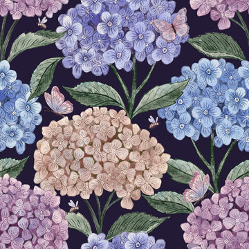 Hydrangea Pattern with Butterflies and Bees on Dark Purple. Seamless botanical illustration with blue, lilac and blush flower clusters. Rich garden background for wallpaper, textiles.
