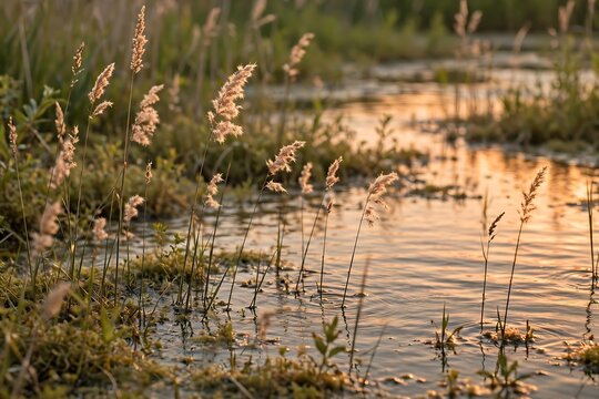 Golden sunset light illuminates tall grasses growing along the edge of a calm, reflective pond in a peaceful wetland
