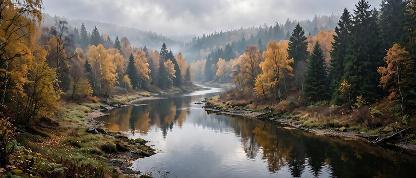Scenic autumn landscape with a winding river flowing through a misty forest with golden trees and evergreens