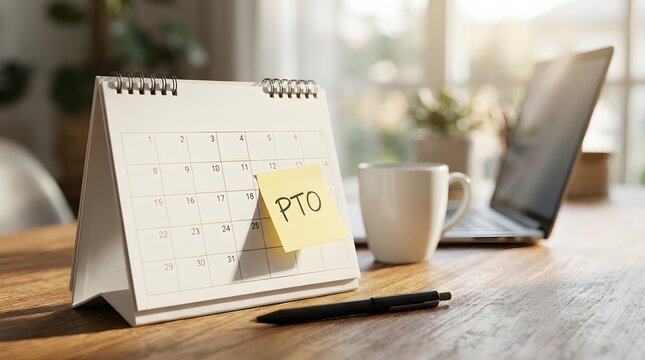Paid time off reminder sticky note on desk calendar with laptop and coffee in sunny office