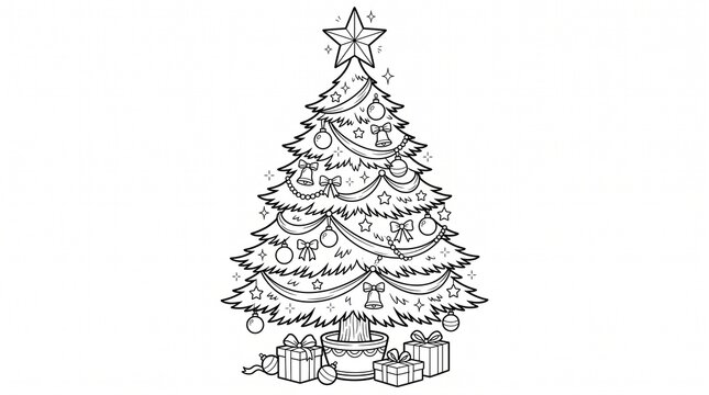 Classic Christmas Tree Outline Illustration with Baubles, Bells, Ribbons and Stars for Coloring Pages