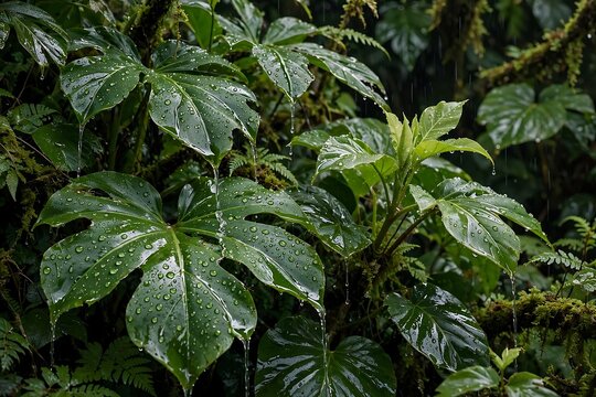 Lush tropical rainforest foliage with vibrant green leaves covered in fresh raindrops during a gentle rain shower