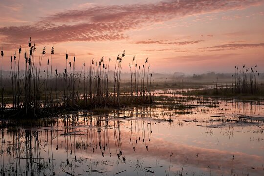 Beautiful sunrise over a misty marshland with cattails reflecting in the calm water