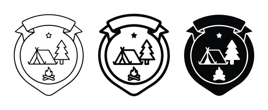 Camping badges set with tent, campfire and trees, outdoor adventure emblems