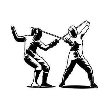 black and white style illustration of female fencing bout