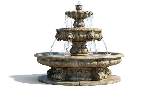 Classical stone fountain with tiered water spouts and intricate carvings flowing on white background