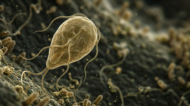 Microscopic parasite with long tail moving on textured background