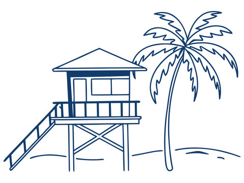 Beach lifeguard tower with palm tree line art vector illustration tropical coast summer vacation landscape coloring page